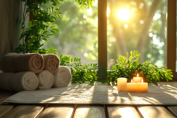 Wall Mural - Soft towels are neatly stacked next to flickering candles, while warm sunlight streams through a window, creating a peaceful atmosphere surrounded by greenery