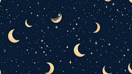 Wall Mural - A seamless pattern with gold crescent moons and stars on a dark blue background.