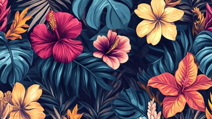 Wall Mural - Vibrant tropical floral pattern with colorful hibiscus flowers and lush green leaves.