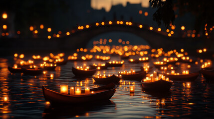 A lot of small candle-lit boats on the river with a bridge in the background