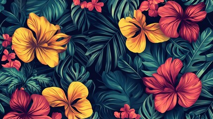 Wall Mural - Vibrant tropical floral pattern with red and yellow flowers and lush green leaves.