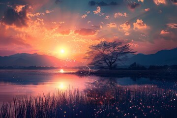 Wall Mural - The sun sets behind distant mountains, casting a warm glow over the calm lake. Silhouetted trees line the shore, reflecting the stunning colors in the water.