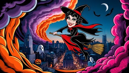 pop art Halloween background with a cartoon witch flying over a cityscape. Use bright colors and thick outlines, perfect for Halloween