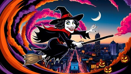 pop art Halloween background with a cartoon witch flying over a cityscape. Use bright colors and thick outlines, perfect for Halloween