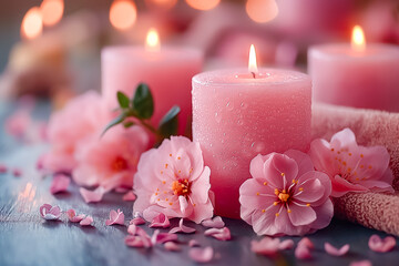 Wall Mural - Soft pink candles burn gently, accompanied by scattered cherry blossoms and petals, creating a serene atmosphere perfect for relaxation and rejuvenation