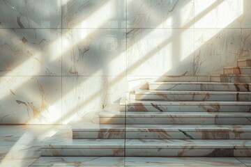 Poster - Sunlight streams through windows, casting soft shadows on an elegantly designed marble staircase adorned with intricate patterns and textures.