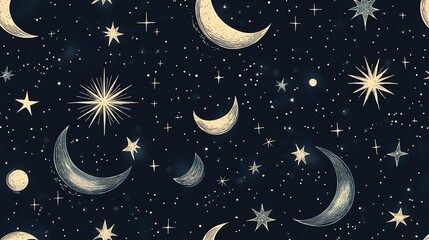 Wall Mural - Hand drawn crescent moons and stars on a dark blue night sky.