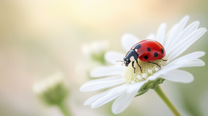 Ladybug on a white daisy flower in soft natural sunlight with blurred background