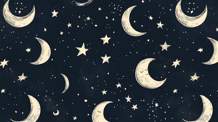 Wall Mural - Hand drawn pattern of sleeping moons and stars on a dark blue background.