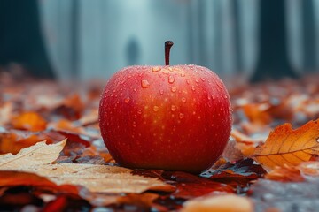 A fresh apple resting on colorful autumn leaves with droplets of water.