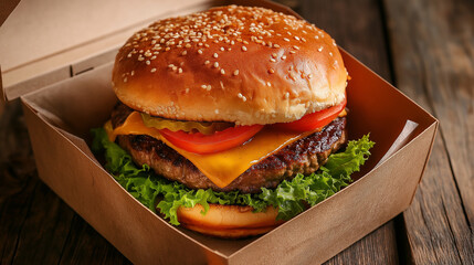 hamburger in paper box  on a wooden table