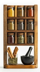 An organized spice rack features jars and a mortar and pestle for cooking