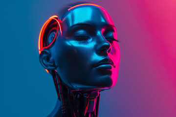 Close up portrait of a realistic female robot with glowing circuitry is posing with its eyes closed in a colorful studio in neon lights