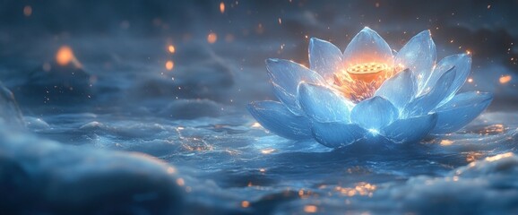 Wall Mural - A glowing blue lotus flower in a misty, ethereal environment.