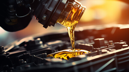 close-up view of oil being poured into a car engine, highlighting the essential process of maintaini