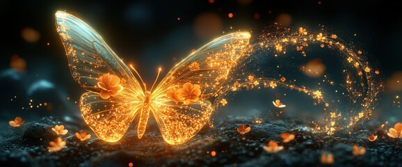 A glowing butterfly surrounded by sparkling flowers in a mystical setting.