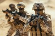 © Tanu - In a vast desert landscape, soldiers in camouflage gear participate in intense training, holding rifles aimed forward, focused on tactical maneuvers.