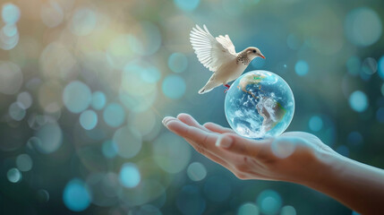 World Peace Day Banner with a person holding a globe and a bird flying in the air, international day of peace concept. World peace day