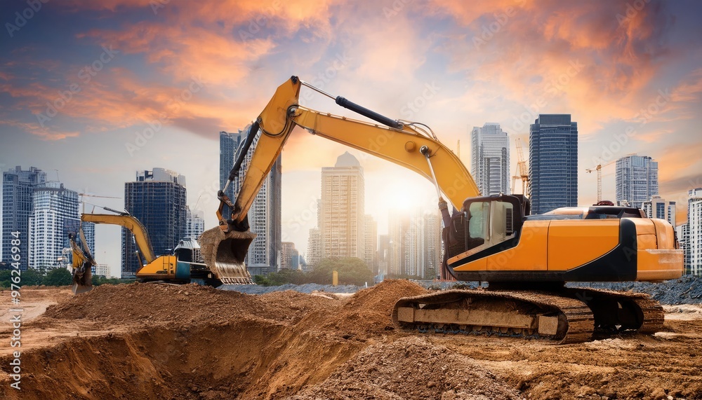 Excavators working at a construction site against a city skyline during ...
