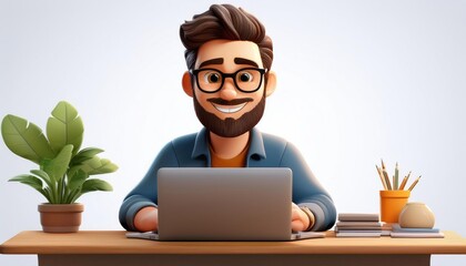 Cheerful young man working on laptop at home office, surrounded by plants and stationery, representing remote work and creativity.