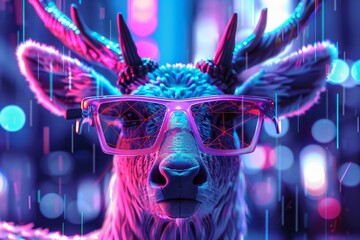 Poster - A deer stands confidently wearing oversized glasses, surrounded by a neon-lit cityscape at night, creating a striking contrast between nature and urban life.