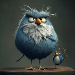 Whimsical cartoon illustration of two grumpy blue birds with fluffy feathers and expressive faces