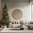 © Halina - Minimalist Christmas living room with a decorated tree, neutral tones, and modern furnishings