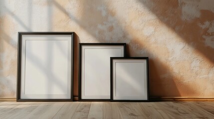 Poster - three empty picture frames on wooden floor against textured wall, minimalistic home decor concept