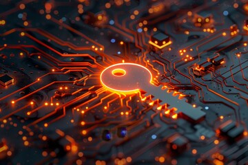 Poster - The glowing key element stands out against a detailed circuit board, illustrating themes of digital security and technology in a visually striking manner.
