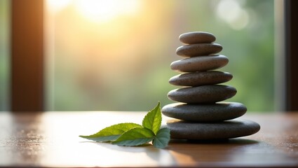 Tranquil zen stone tower with green leaves in golden sunlight