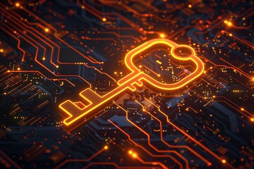 Poster - An orange key glows against a dark, circuit-like background, representing themes of digital security and technology. The intricate design highlights connectivity and modern innovation.