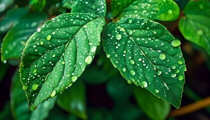 Lush green leaves adorned with fresh raindrops, highlighting the beauty and freshness of nature in stunning detail