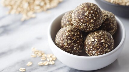 Wall Mural - A bowl of energy balls made with oats, seeds, and nuts on a white marble countertop.