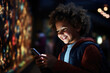 © seanzheng - generated illustration of  boy smiling looks happy sitting playing with smartphone