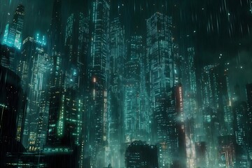 Aufkleber - Neon Skyscrapers of the Future. A Vision of a Digital City Wrapped in Streams of Glowing Data