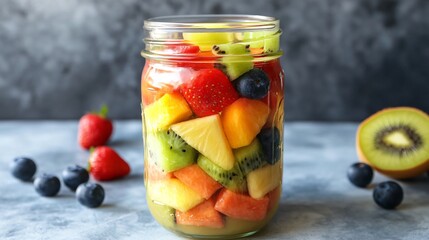 A mason jar filled with fresh fruit salad with kiwi, pineapple, watermelon, strawberries, and blueberries.