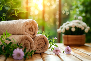 Wall Mural - Softly rolled towels are arranged on a wooden table surrounded by delicate flowers and lush greenery, illuminated by warm sunset light, creating a calming spa-like ambiance