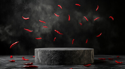 A stone podium for product presentation, with flying red chili peppers against a dark background