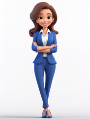 A confident cartoon businesswoman in a blue suit, showcasing professionalism and style in a modern corporate environment.