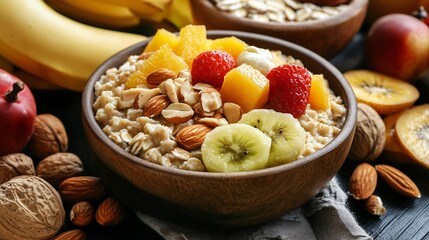 Oatmeal with fruit and nuts for a healthy breakfast.