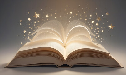 An open book with shining stars and soft rays of light all around