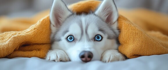 A husky puppy peeking out from under a cozy orange blanket.