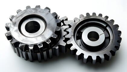 Wall Mural - Interlocking gears representing teamwork and mechanical precision against a clean white backdrop