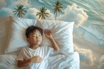 Wall Mural - Young boy rests dreamlike state lying tranquil fluffy bed. Dreaming silently young boy bed floats atop heavenly clouds. Cloud-like bed signifies tranquility and seamless blend of reality and dreams.