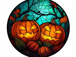 A vibrant stained glass design featuring two smiling jack-o'-lanterns surrounded by autumn leaves and an eerie background.