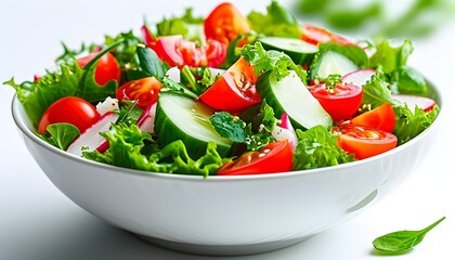 Wall Mural - Vibrant green salad in a pristine white bowl against a clean white backdrop