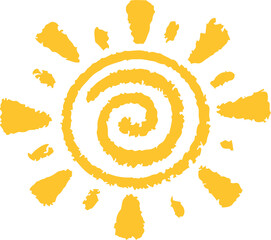 Poster - Sun doodle icon. Cartoon summer hand drawn abstract sketch. Cute grunge yellow symbol of sunset. Pencil spiral illustration. Chalk and crayon drawing.