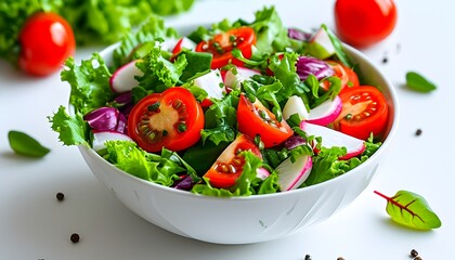 Wall Mural - Vibrant green salad in a pristine white bowl against a clean white backdrop