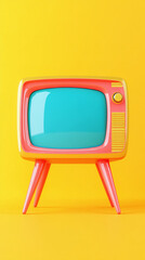 Poster - 3d render vertical composition of an old cute classical television minimal graphic element design on solid yellow background empty space cartoon mockup retro vintage closeup square model illustration