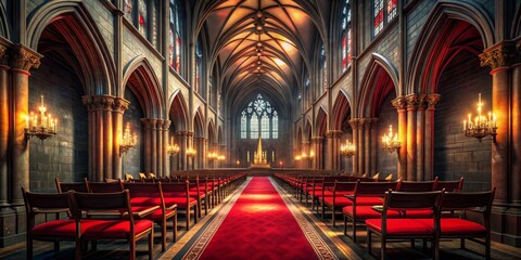 Aisle of Light in the Cathedral, Digital Art, Church Interior, Red Carpet, Gothic Architecture, Cathedral, Church